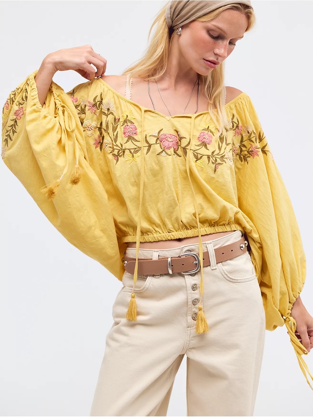 Free People Plumeria Embroidered Top in Yellow NWT